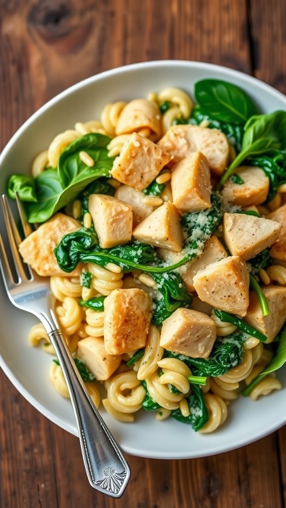 Creamy spinach artichoke chicken orzo with cheese on a rustic table.
